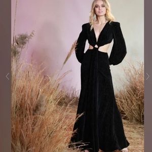 PatBO Textured Velvet Maxi Dress Black Cut-Out Plunge Blouson Gown